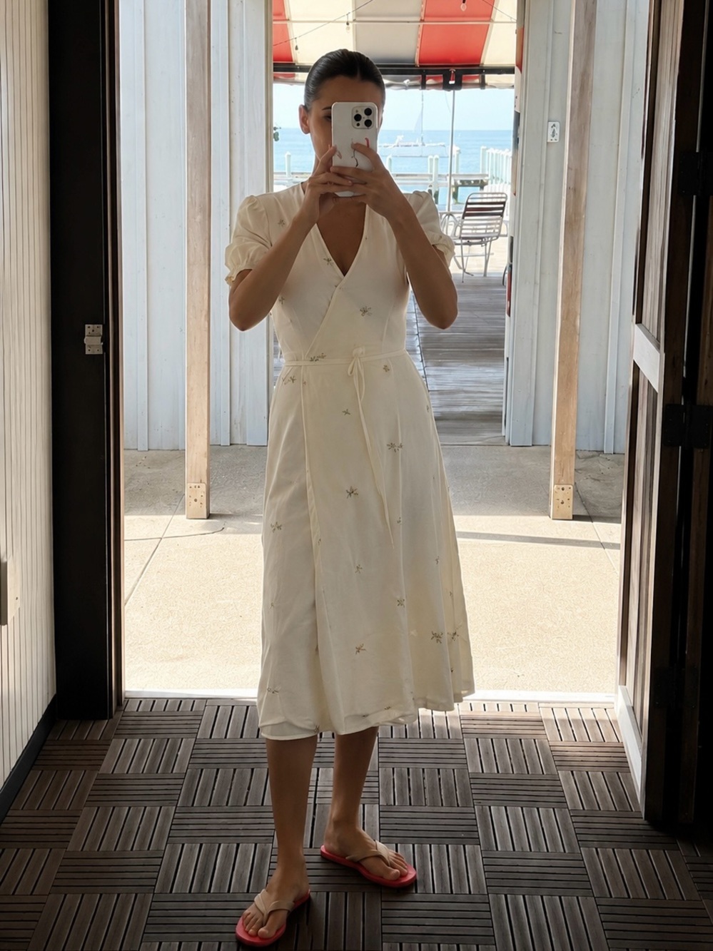 RIHOAS Cream Wrap Midi Dress with Delicate Embroidery